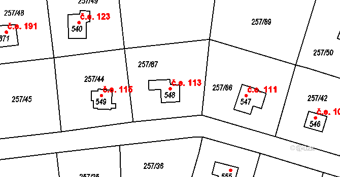 Zlenice 113, Lštění na parcele st. 548 v KÚ Lštění, Katastrální mapa