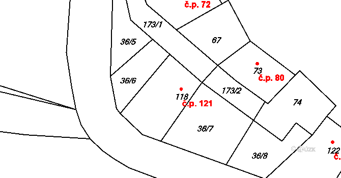 Cerhýnky 121, Cerhenice na parcele st. 118 v KÚ Cerhýnky, Katastrální mapa