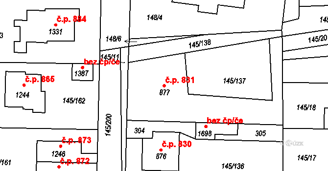 Rozdělov 831, Kladno na parcele st. 877/1 v KÚ Rozdělov, Katastrální mapa