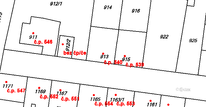 Švermov 540, Kladno na parcele st. 913 v KÚ Motyčín, Katastrální mapa