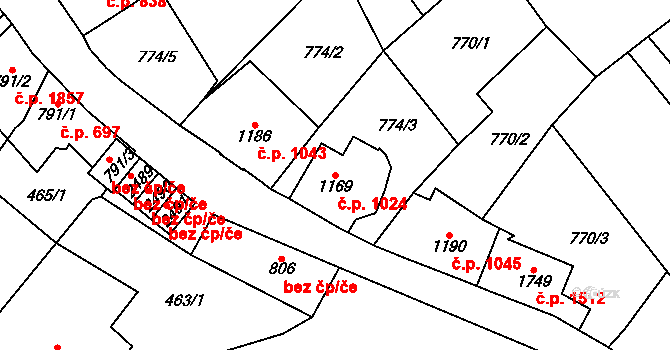Kraslice 1024 na parcele st. 1169 v KÚ Kraslice, Katastrální mapa