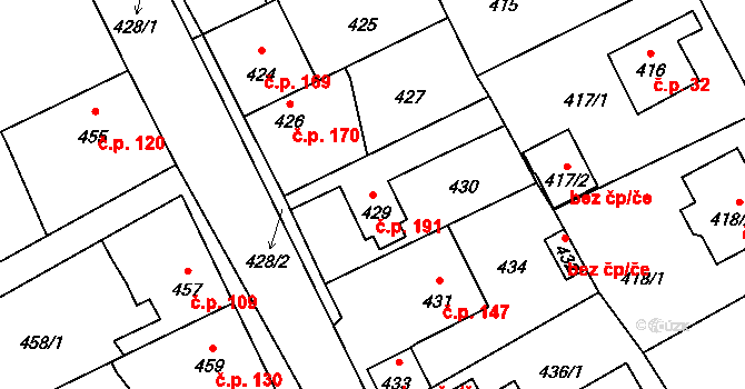 Srby 191, Tuchlovice na parcele st. 429 v KÚ Srby u Tuchlovic, Katastrální mapa