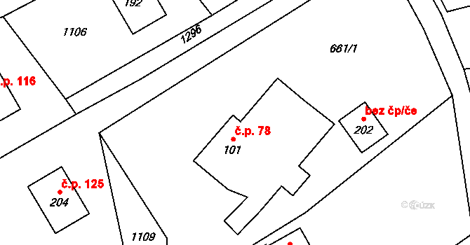 Radimovice 78 na parcele st. 101 v KÚ Radimovice u Sychrova, Katastrální mapa