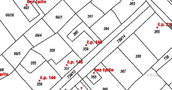 Loděnice 146 na parcele st. 359 v KÚ Loděnice u Berouna, Katastrální mapa