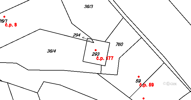 Kleneč 177 na parcele st. 293 v KÚ Kleneč, Katastrální mapa