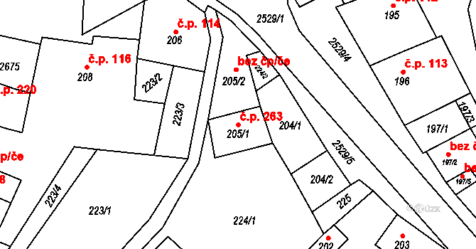 Třebenice 263 na parcele st. 205/1 v KÚ Třebenice, Katastrální mapa