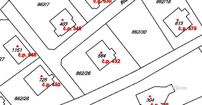 Stará Paka 432 na parcele st. 564 v KÚ Stará Paka, Katastrální mapa