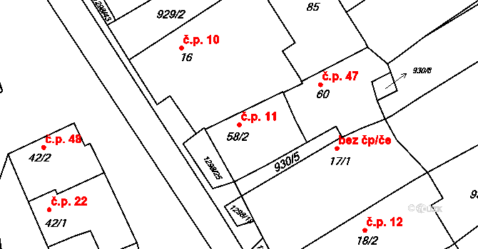 Pucov 11 na parcele st. 58/2 v KÚ Pucov, Katastrální mapa