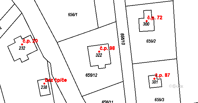 Jirkov 98, Železný Brod na parcele st. 322 v KÚ Jirkov u Železného Brodu, Katastrální mapa