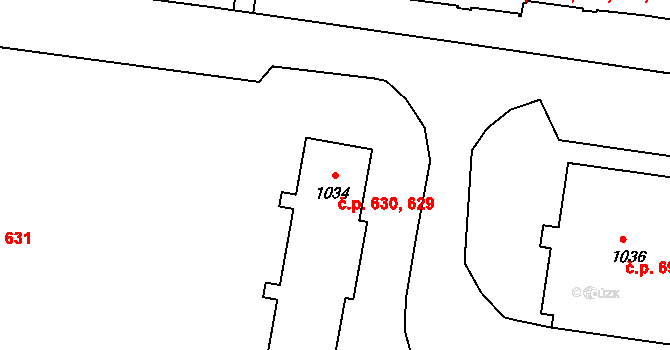 Benešov nad Ploučnicí 629,630 na parcele st. 1034 v KÚ Benešov nad Ploučnicí, Katastrální mapa