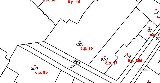 Chomutov 15 na parcele st. 62/1 v KÚ Chomutov I, Katastrální mapa