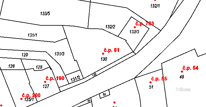 Střelice 81 na parcele st. 130 v KÚ Střelice u Brna, Katastrální mapa