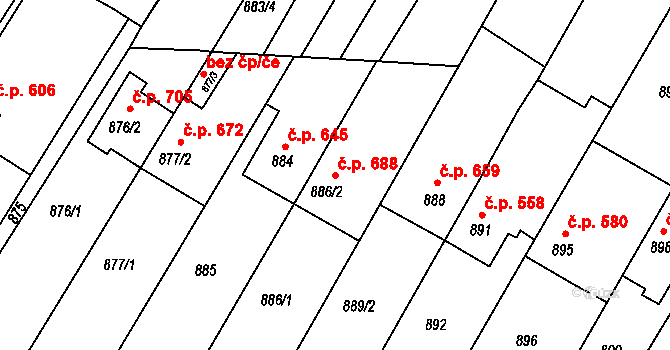 Střelice 688 na parcele st. 886/2 v KÚ Střelice u Brna, Katastrální mapa