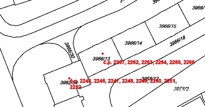 Východní Předměstí 2262,2263,2264,2265,, Plzeň na parcele st. 3966/13 v KÚ Plzeň, Katastrální mapa