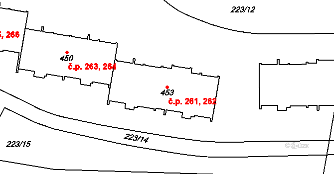 Krasice 261,262, Prostějov na parcele st. 453 v KÚ Krasice, Katastrální mapa