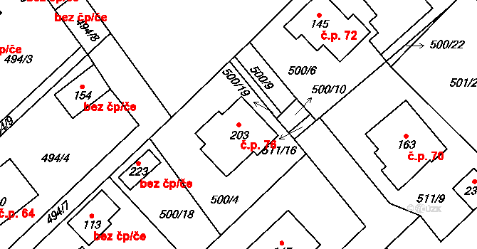 Hostovice 76, Pardubice na parcele st. 203 v KÚ Hostovice u Pardubic, Katastrální mapa