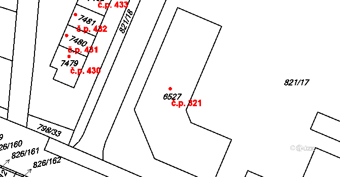 Václavské Předměstí 321, Písek na parcele st. 6527 v KÚ Písek, Katastrální mapa