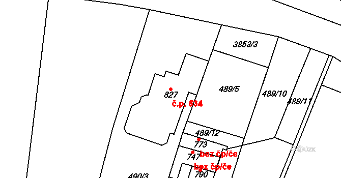 Řevničov 534 na parcele st. 827 v KÚ Řevničov, Katastrální mapa