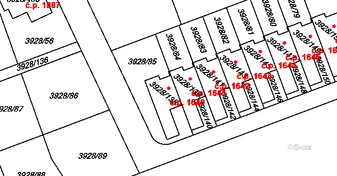 Úvaly 1640 na parcele st. 3928/138 v KÚ Úvaly u Prahy, Katastrální mapa