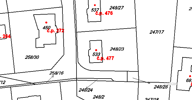 Vysoká nad Labem 477 na parcele st. 533 v KÚ Vysoká nad Labem, Katastrální mapa