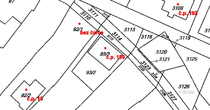Těšetice 189 na parcele st. 93/3 v KÚ Těšetice u Znojma, Katastrální mapa