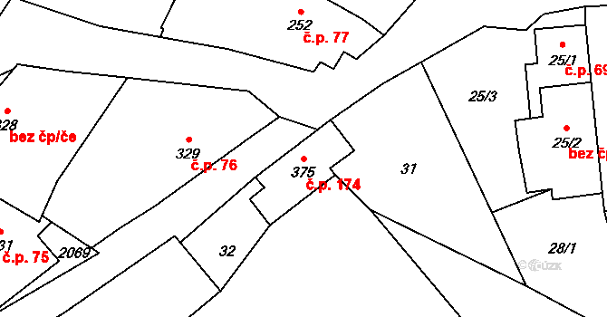 Ryžoviště 174 na parcele st. 375 v KÚ Ryžoviště, Katastrální mapa