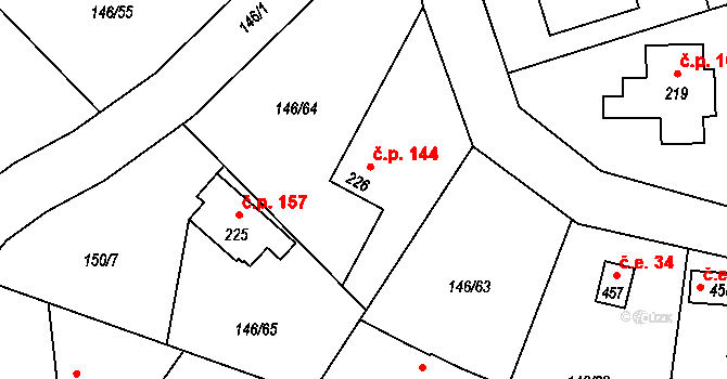 Pyšely 144 na parcele st. 226 v KÚ Pyšely, Katastrální mapa