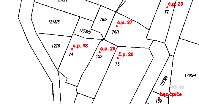 Růžkovy Lhotice 26, Čechtice na parcele st. 152 v KÚ Černičí, Katastrální mapa