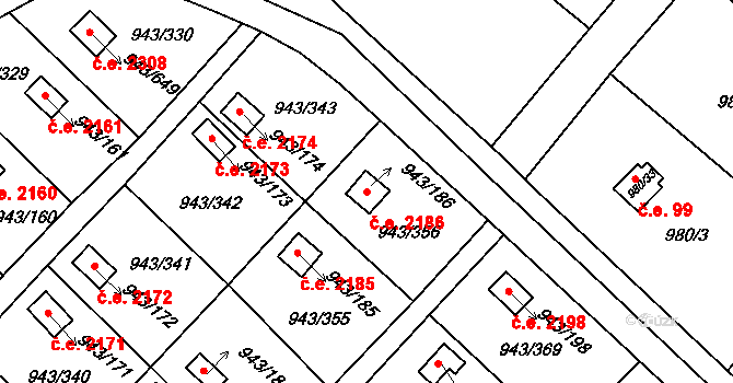 Velká Chuchle 2186, Praha na parcele st. 943/186 v KÚ Velká Chuchle, Katastrální mapa