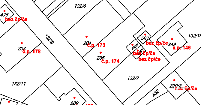 Sedlec 174, Sedlec-Prčice na parcele st. 205 v KÚ Sedlec u Votic, Katastrální mapa