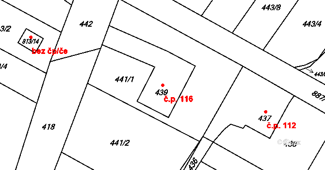 Výškovice 116, Ostrava na parcele st. 439 v KÚ Výškovice u Ostravy, Katastrální mapa