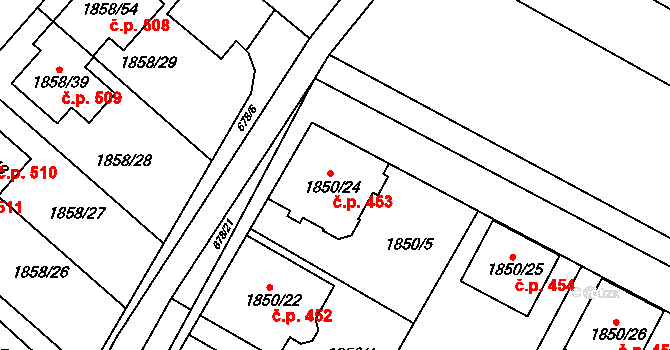 Měnín 453 na parcele st. 1850/24 v KÚ Měnín, Katastrální mapa