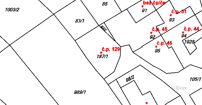 Řečice 129 na parcele st. 187/1 v KÚ Řečice nad Bobrůvkou, Katastrální mapa