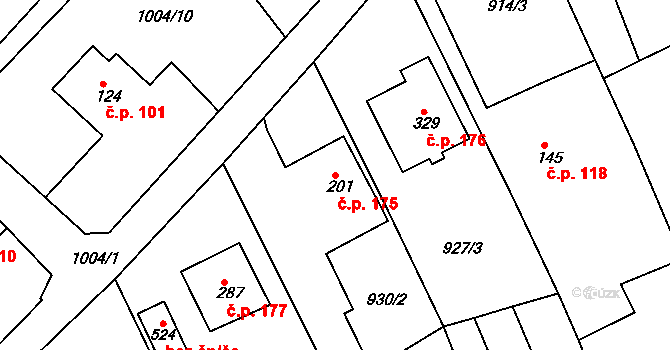 Hrádek na Vlárské dráze 175, Slavičín na parcele st. 201 v KÚ Hrádek na Vlárské dráze, Katastrální mapa