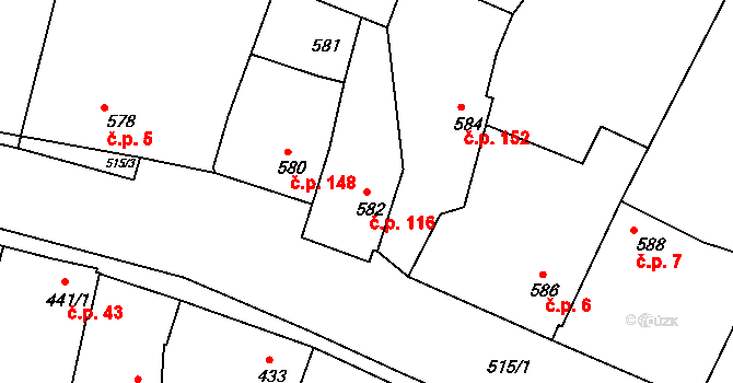 Lípa 116 na parcele st. 582 v KÚ Lípa nad Dřevnicí, Katastrální mapa