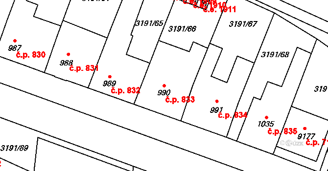 Zlín 833 na parcele st. 990 v KÚ Zlín, Katastrální mapa