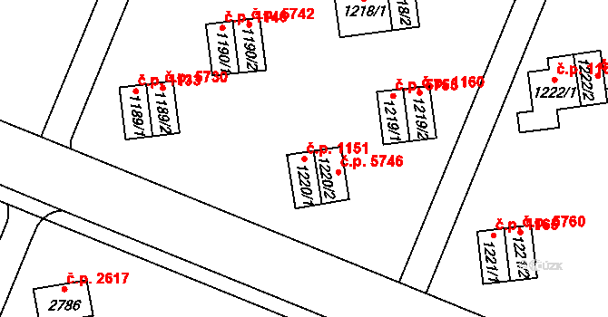 Zlín 1151 na parcele st. 1220/1 v KÚ Zlín, Katastrální mapa