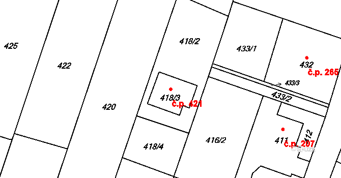 Malé Hoštice 421, Opava na parcele st. 418/3 v KÚ Malé Hoštice, Katastrální mapa