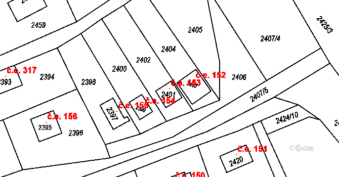 Buchlovice 153 na parcele st. 2401 v KÚ Buchlovice, Katastrální mapa