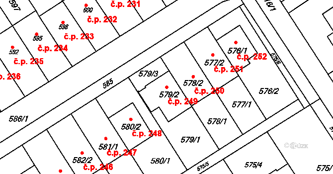 Pustiměřské Prusy 249, Pustiměř na parcele st. 579/2 v KÚ Pustiměř, Katastrální mapa