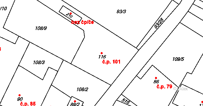 Bylany 101 na parcele st. 116 v KÚ Bylany, Katastrální mapa