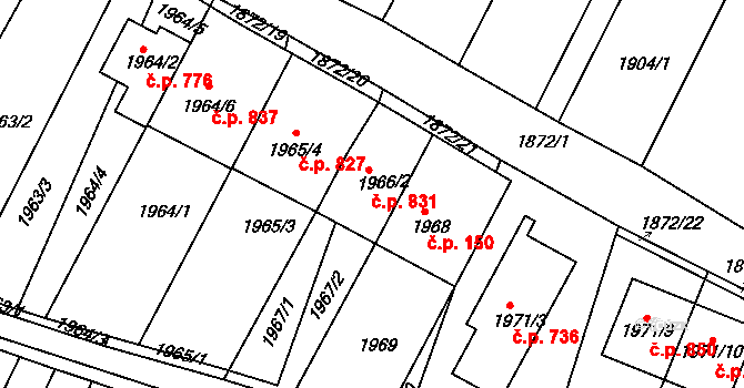 Veverská Bítýška 831 na parcele st. 1966/2 v KÚ Veverská Bítýška, Katastrální mapa