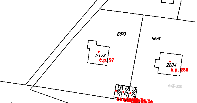Hradištko 97 na parcele st. 2173 v KÚ Hradištko pod Medníkem, Katastrální mapa