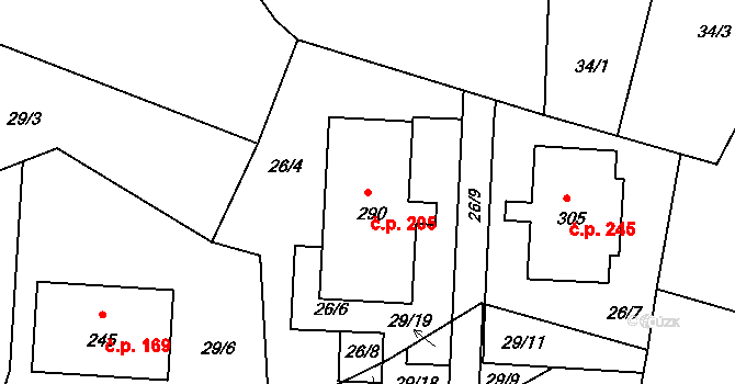 Chotoviny 205 na parcele st. 290 v KÚ Chotoviny, Katastrální mapa