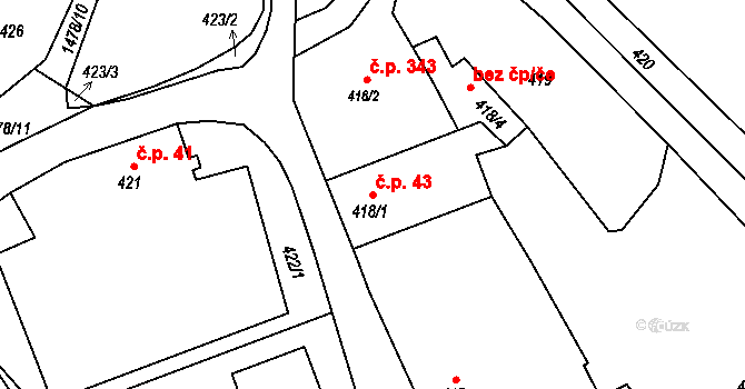 Olomučany 43 na parcele st. 418/1 v KÚ Olomučany, Katastrální mapa