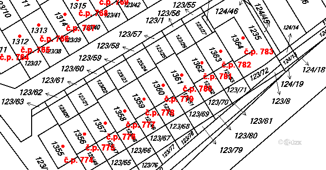 Veltrusy 779 na parcele st. 1360 v KÚ Veltrusy, Katastrální mapa