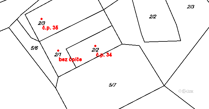 Skoronice 34, Bujanov na parcele st. 2/2 v KÚ Zdíky, Katastrální mapa