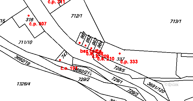Žirovnice 210 na parcele st. 964 v KÚ Žirovnice, Katastrální mapa