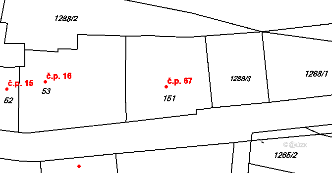 Kopidlo 67 na parcele st. 151 v KÚ Kopidlo, Katastrální mapa