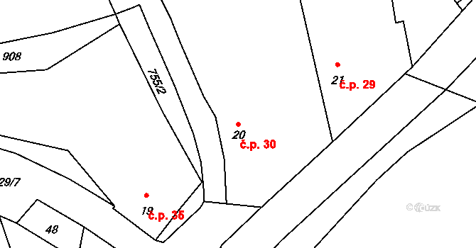 Malměřice 30, Blatno na parcele st. 20 v KÚ Malměřice, Katastrální mapa